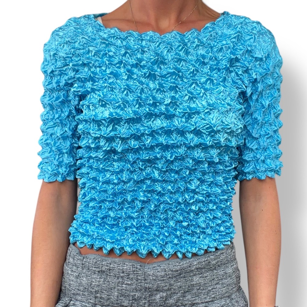 F.C OS Electric Blue Popcorn Textured Short Sleeves 90s Y2K Crinkle Bubble Shirt
